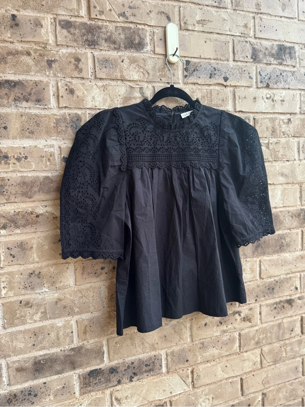 Ulla Johnson Yvonne Embroidered Black Yoke Puff Sleeve Blouse Size 8
